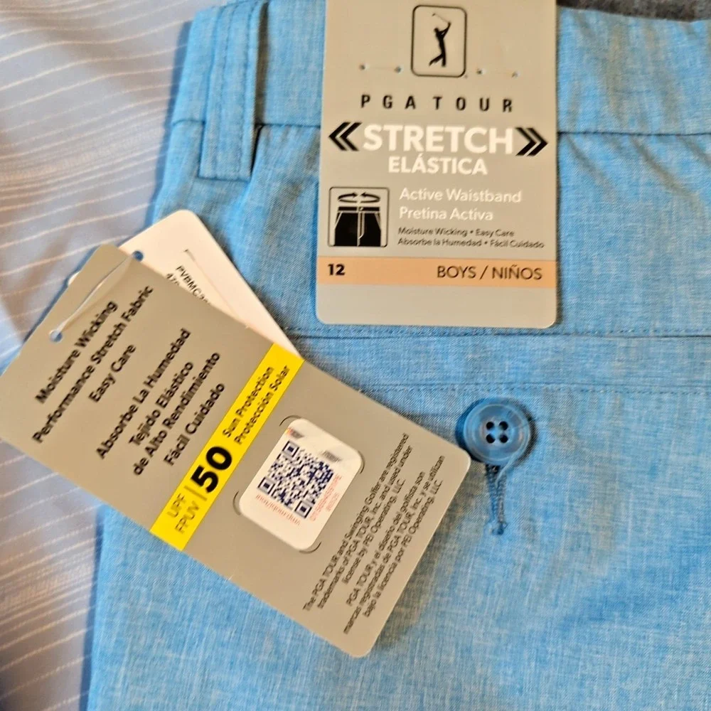 2 Boys PGA Tour Flat Front Golf Shorts Size 12, Blue & Stripe NEW MSRP $72